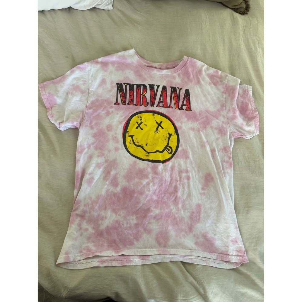 Nirvana Smiley Face Tie‎ Dye T Shirt Pink Graphic Band Tee